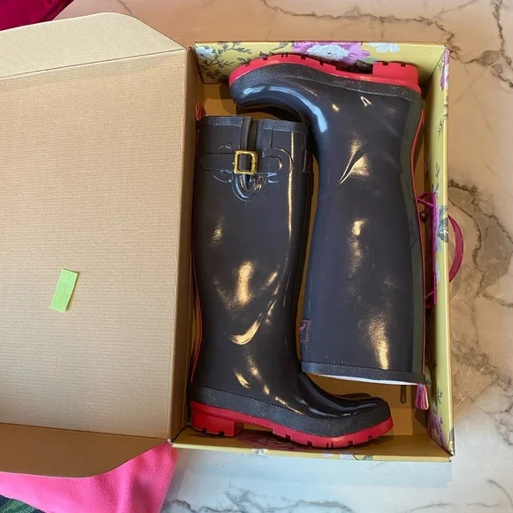 Joules Kelly Welly Rain boots slate gray with Pink SZ 6 - Picture 12 of 16